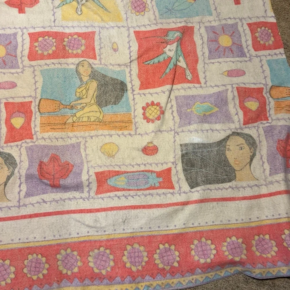 Vintage Disney Pocahontas Fleece Blanket Made in USA 90s Character Floral